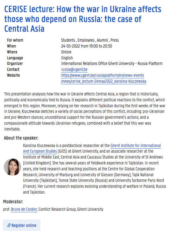 Page Internet. UGent. How the war in Ukraine affects those who depend on Russia - the case of Central Asia, by Karolina Kluczewska. 2022-05-24